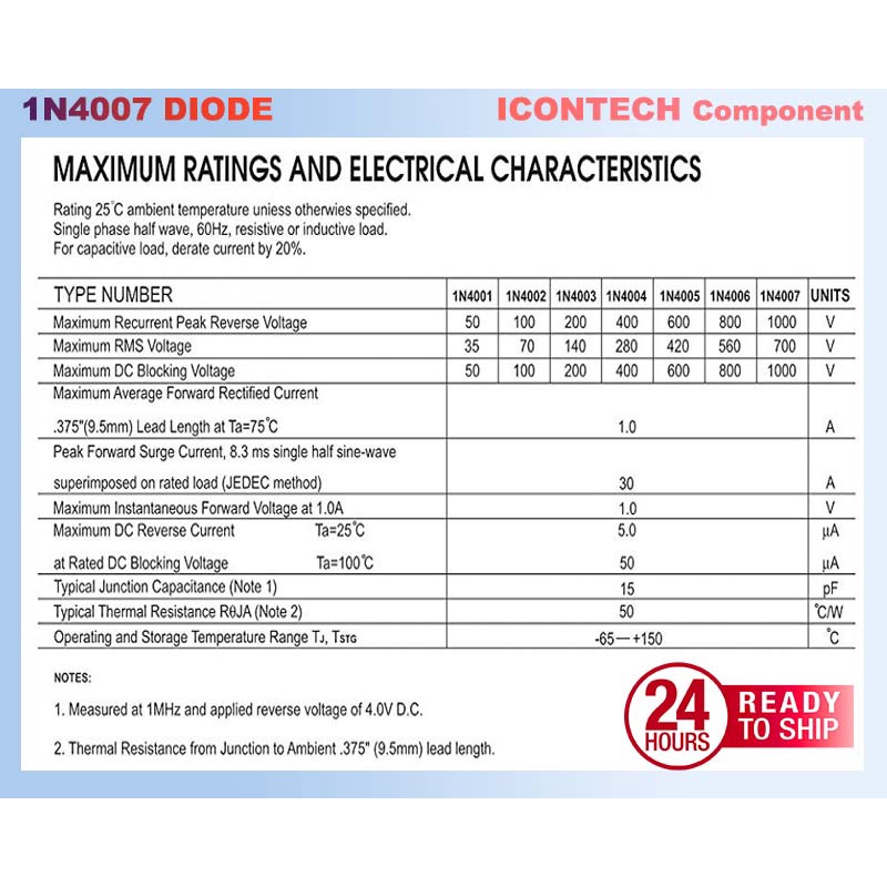 1N4007 Diode 1A/1200V Through Hole DO-41 1n4007 Rectifier Diode 5 PCS 3